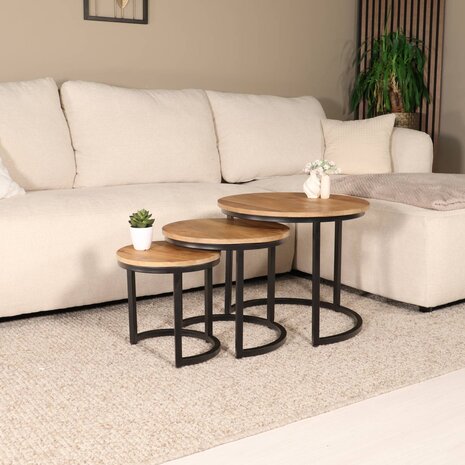 Lizzely Garden & Living Salontafel rond 3delig lichtbruin mangohout Jaell