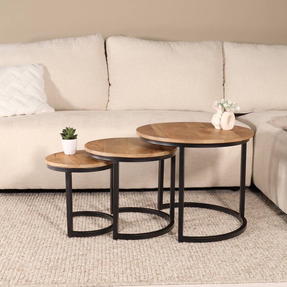 Salontafel rond 3delig lichtbruin mangohout Jaell