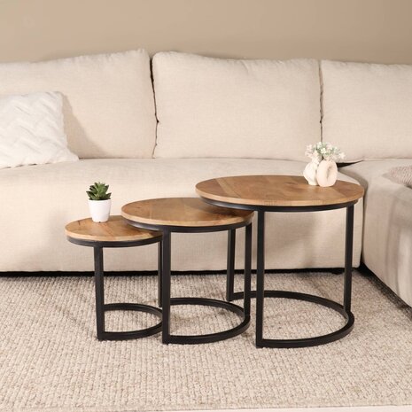 Lizzely Garden & Living Salontafel rond 3delig lichtbruin mangohout Jaell