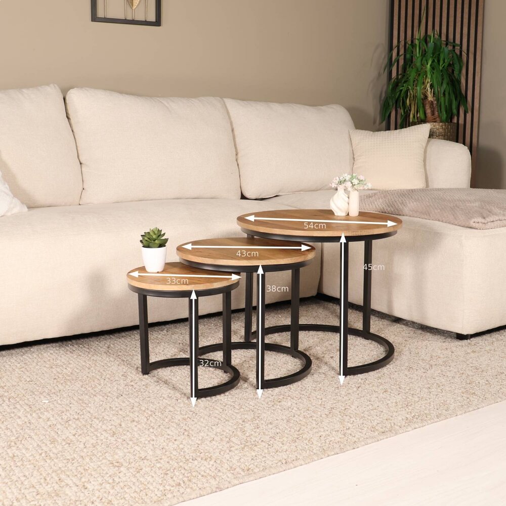 Salontafel rond 3delig lichtbruin mangohout Jaell