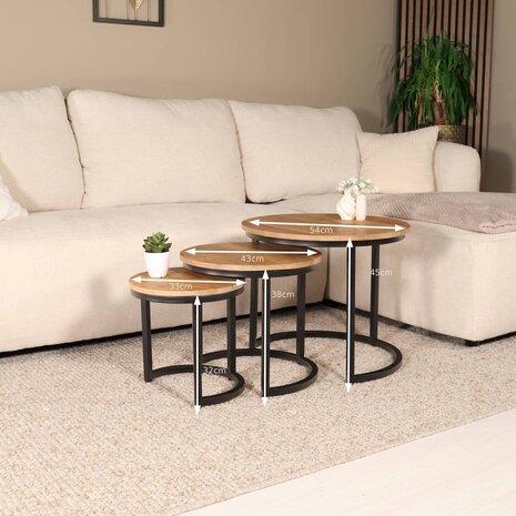 Lizzely Garden & Living Salontafel rond 3delig lichtbruin mangohout Jaell