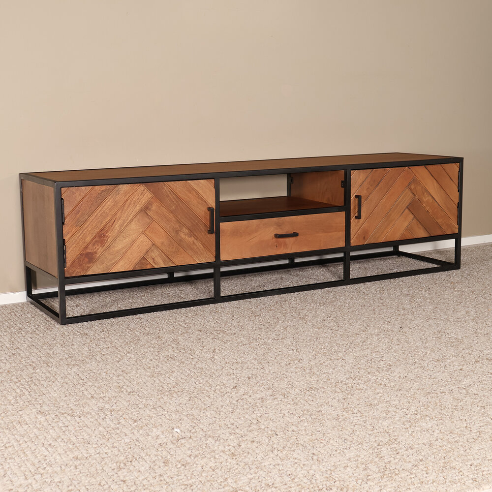 TV meubel industrieel Danae bruin visgraat mangohout 165cm TV meubel industrieel Danae bruin visgraat mangohout 165cm
