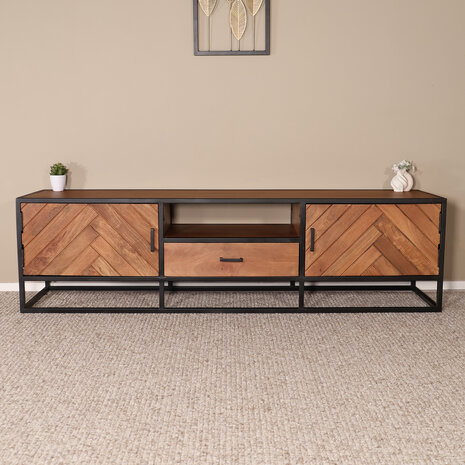 Lizzely Garden & Living TV meubel industrieel Danae bruin visgraat mangohout 165cm Lizzely Garden & Living TV meubel industrieel Danae bruin visgraat mangohout 165cm