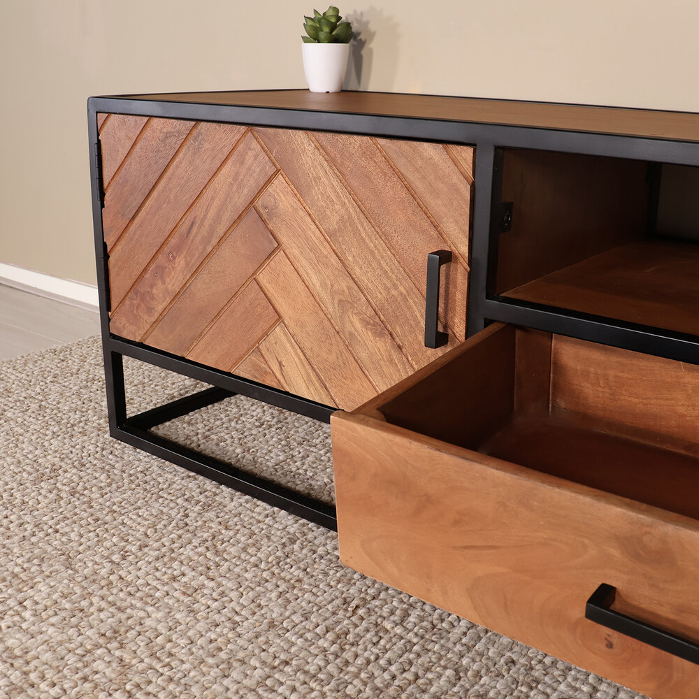 TV meubel industrieel Danae bruin visgraat mangohout 165cm TV meubel industrieel Danae bruin visgraat mangohout 165cm