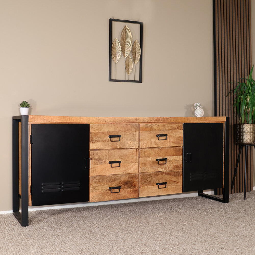 Dressoir mangohout Jazzy bruin zwart ladekast industrieel 200x85cm duurzaam mango kast Dressoir mangohout Jazzy bruin zwart ladekast industrieel 200x85cm duurzaam mango kast