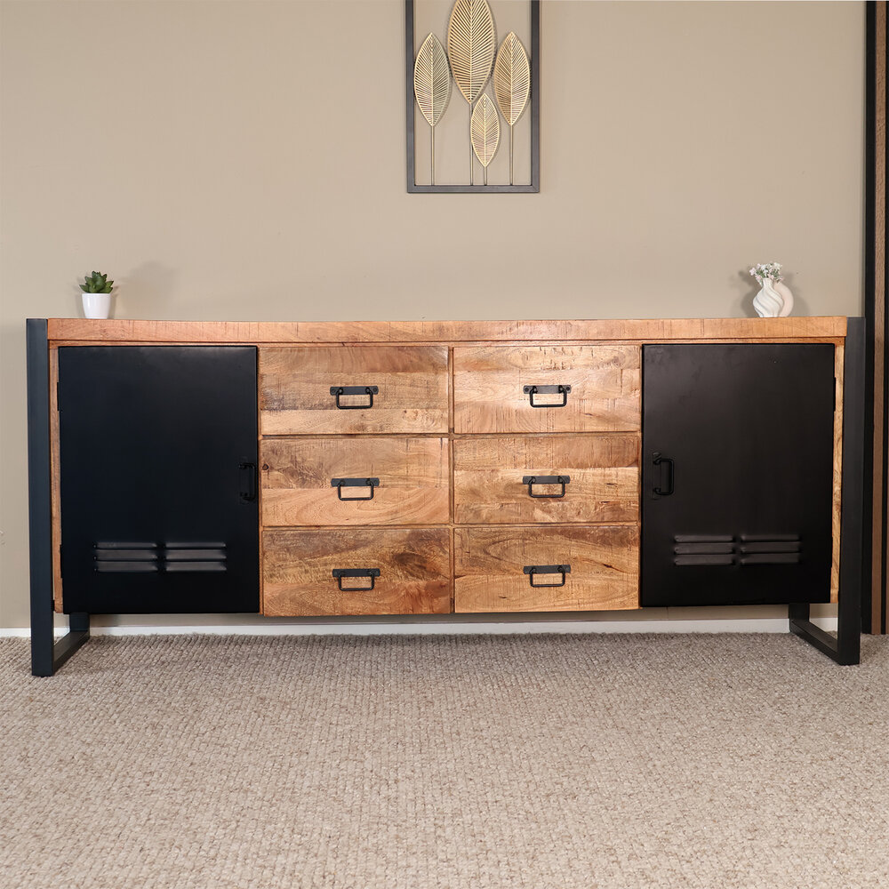 Dressoir mangohout Jazzy bruin zwart ladekast industrieel 200x85cm duurzaam mango kast Dressoir mangohout Jazzy bruin zwart ladekast industrieel 200x85cm duurzaam mango kast