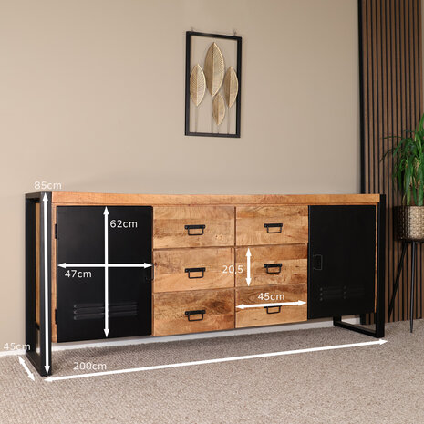 Lizzely Garden & Living Dressoir mangohout Jazzy bruin zwart ladekast industrieel 200x85cm duurzaam mango kast Lizzely Garden & Living Dressoir mangohout Jazzy bruin zwart ladekast industrieel 200x85cm duurzaam mango kast