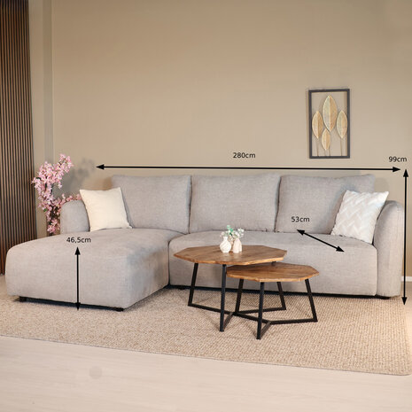 Lizzely Garden & Living Hoekbank Hudson 280cm chenille grijs links