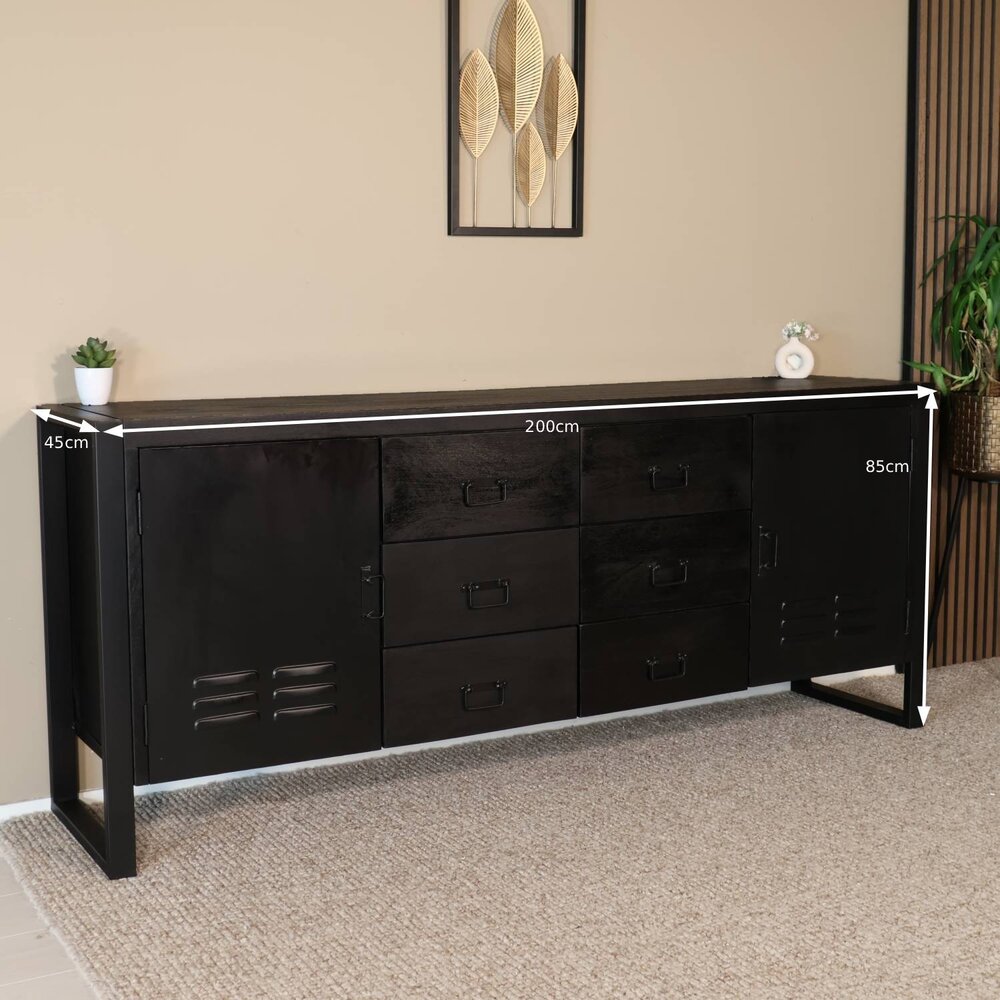 Dressoir mangohout Jazzy zwart industrieel 200x85cm Dressoir mangohout Jazzy zwart industrieel 200x85cm