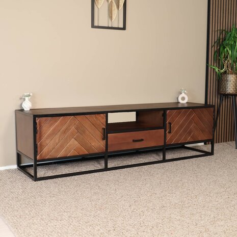Lizzely Garden & Living TV meubel industrieel Danae walnoot visgraat mangohout 180cm Lizzely Garden & Living TV meubel industrieel Danae walnoot visgraat mangohout 180cm