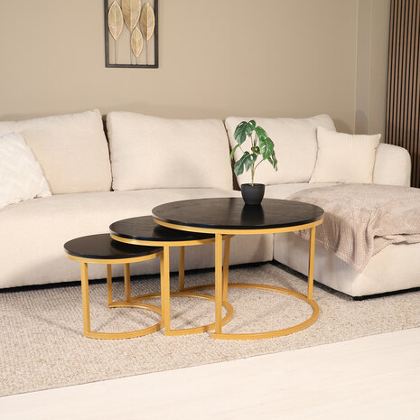 Lizzely Garden & Living Salontafel 3 delig rond Kiki goud industrieel Lizzely Garden & Living Salontafel 3 delig rond Kiki goud industrieel