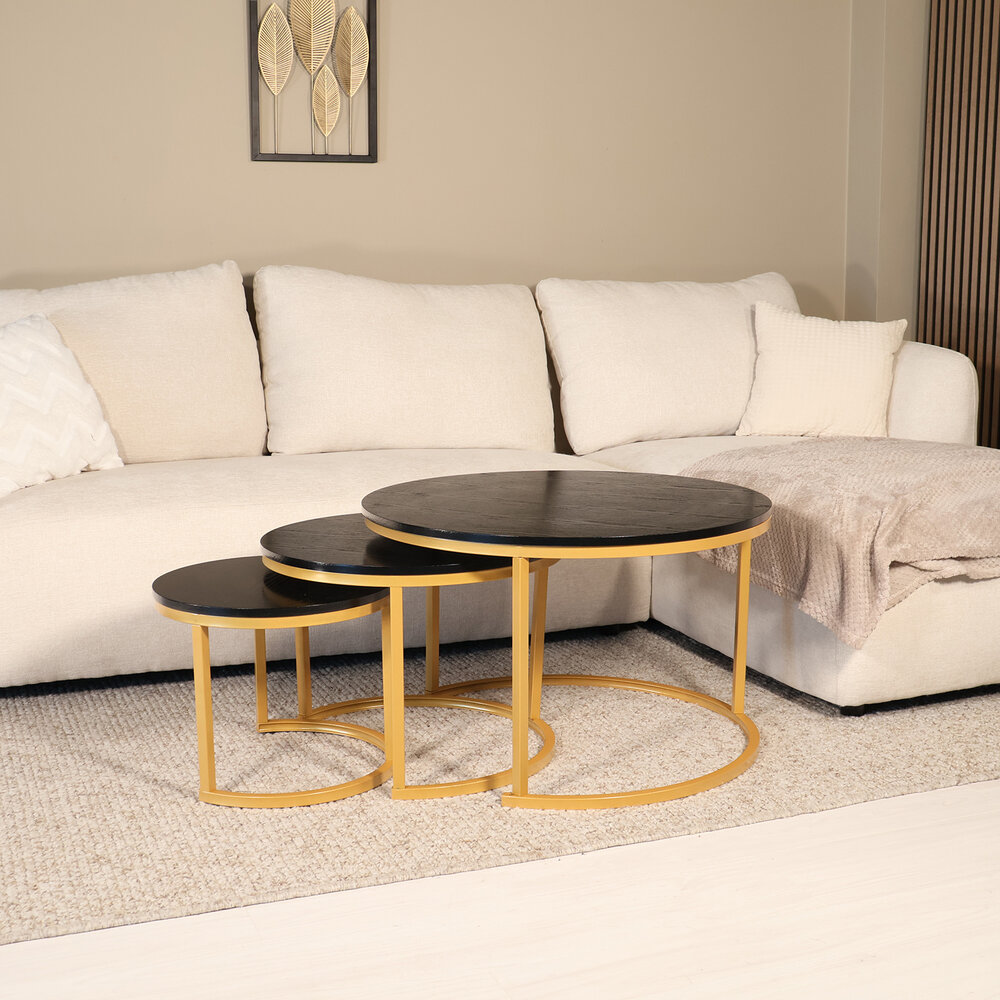 Salontafel 3 delig rond Kiki goud industrieel Salontafel 3 delig rond Kiki goud industrieel