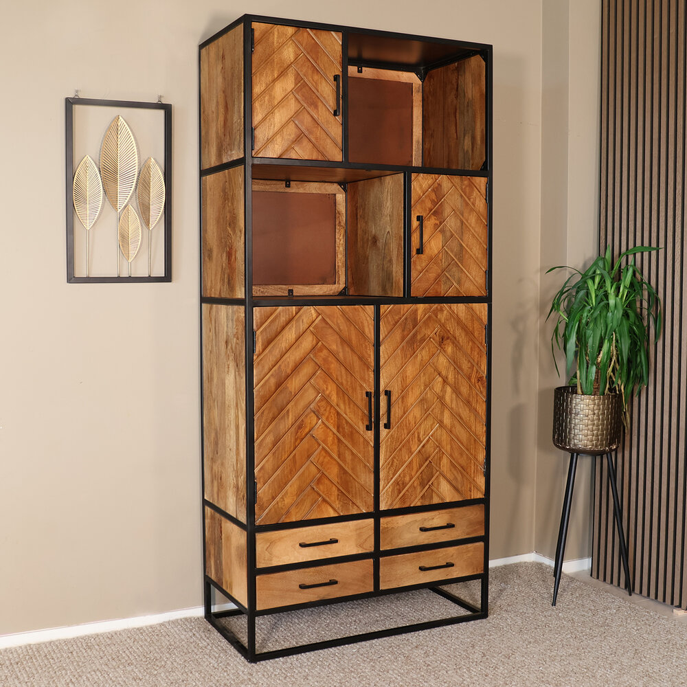 Kast industrieel mangohout Paris bruin visgraat 200cm Kast industrieel mangohout Paris bruin visgraat 200cm