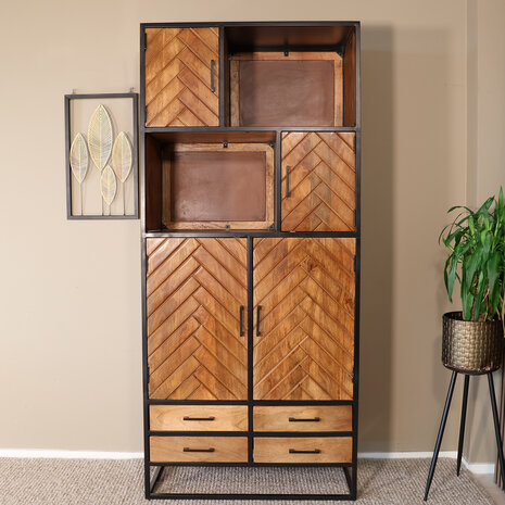 Lizzely Garden & Living Kast industrieel mangohout Paris bruin visgraat 200cm Lizzely Garden & Living Kast industrieel mangohout Paris bruin visgraat 200cm