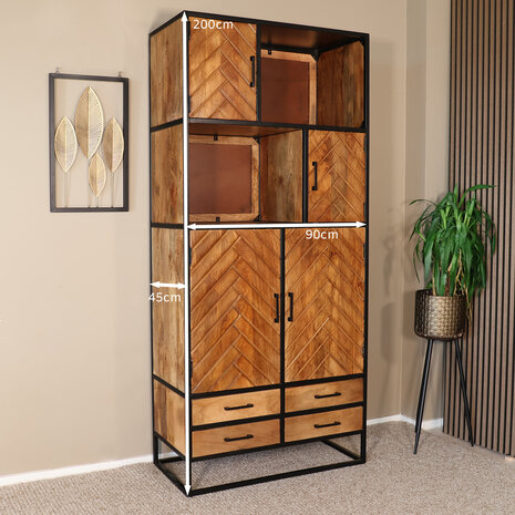 Lizzely Garden & Living Kast industrieel mangohout Paris bruin visgraat 200cm Lizzely Garden & Living Kast industrieel mangohout Paris bruin visgraat 200cm