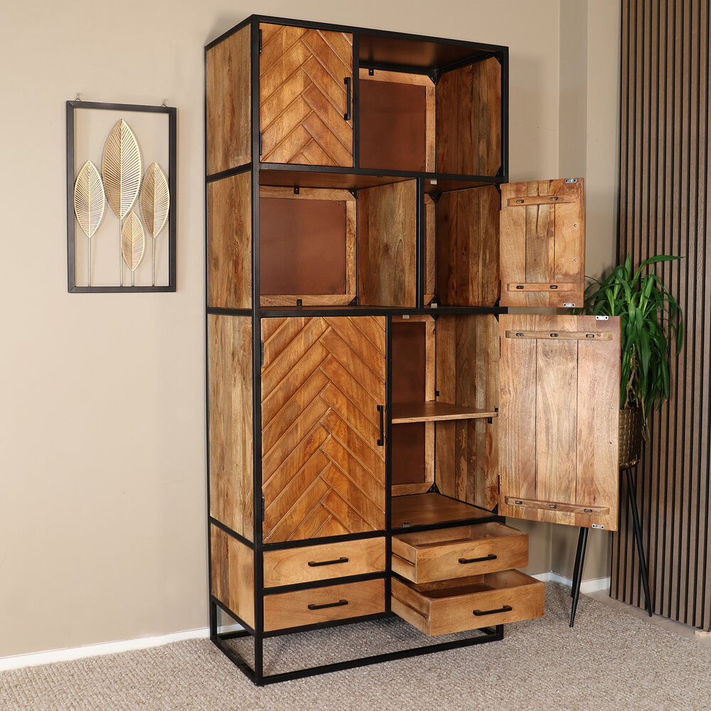 Kast industrieel mangohout Paris bruin visgraat 200cm Kast industrieel mangohout Paris bruin visgraat 200cm