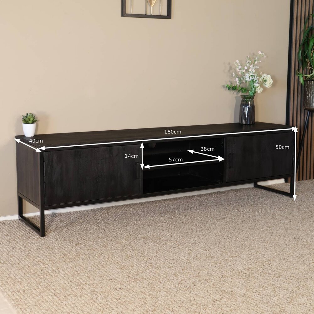 TV meubel industrieel Liv zwart mangohout 180cm lengte TV meubel industrieel Liv zwart mangohout 180cm lengte