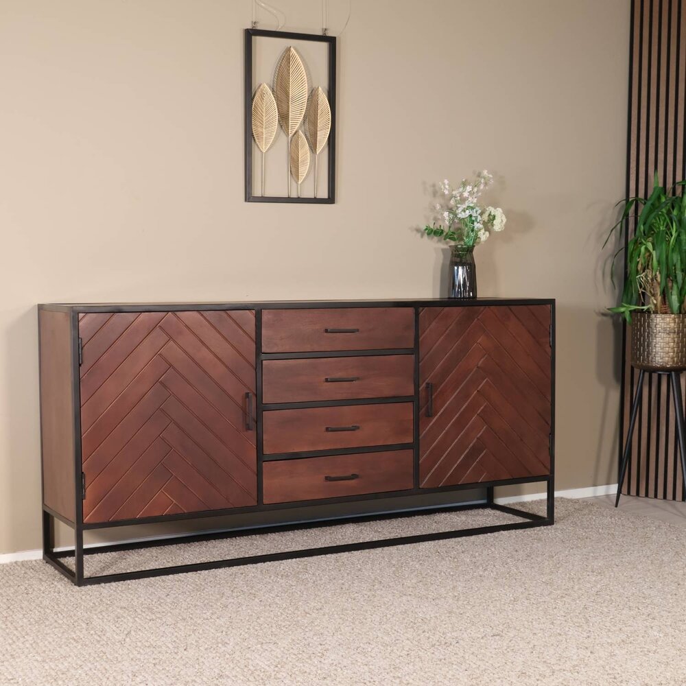 Dressoir mangohout visgraat Cody walnoot industrieel 200x85cm Dressoir mangohout visgraat Cody walnoot industrieel 200x85cm