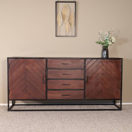 Lizzely Garden & Living Dressoir mangohout visgraat Cody walnoot industrieel 200x85cm Lizzely Garden & Living Dressoir mangohout visgraat Cody walnoot industrieel 200x85cm