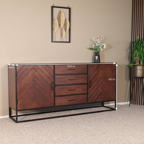 Lizzely Garden & Living Dressoir mangohout visgraat Cody walnoot industrieel 200x85cm