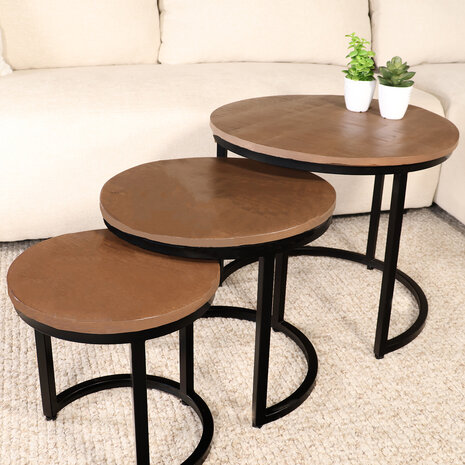 Lizzely Garden & Living Salontafel 3delig mangohout Jaell walnoot bruin industrieel duurzaam massief hout massief hout mango