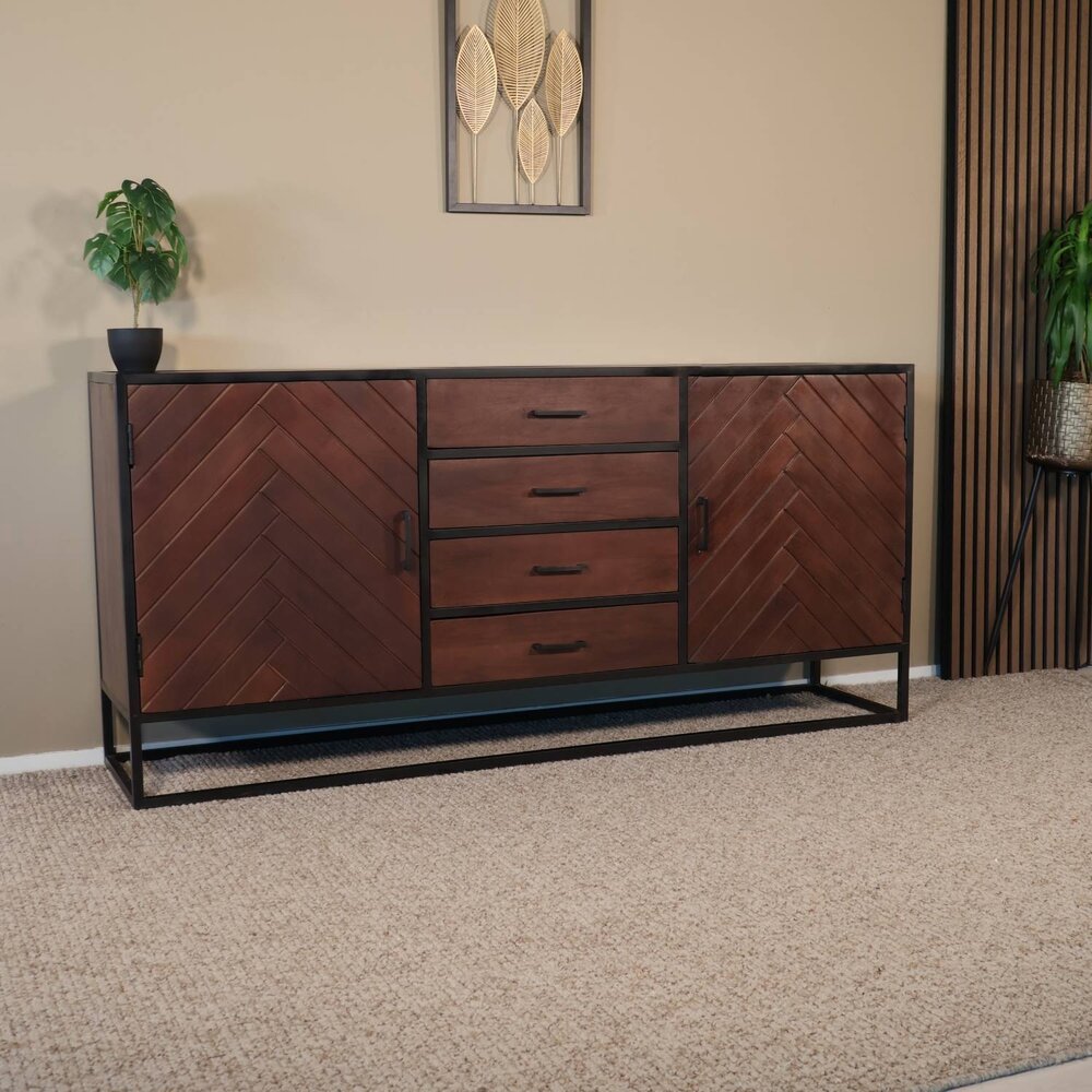 Dressoir mangohout visgraat Cody walnoot industrieel 180x85cm