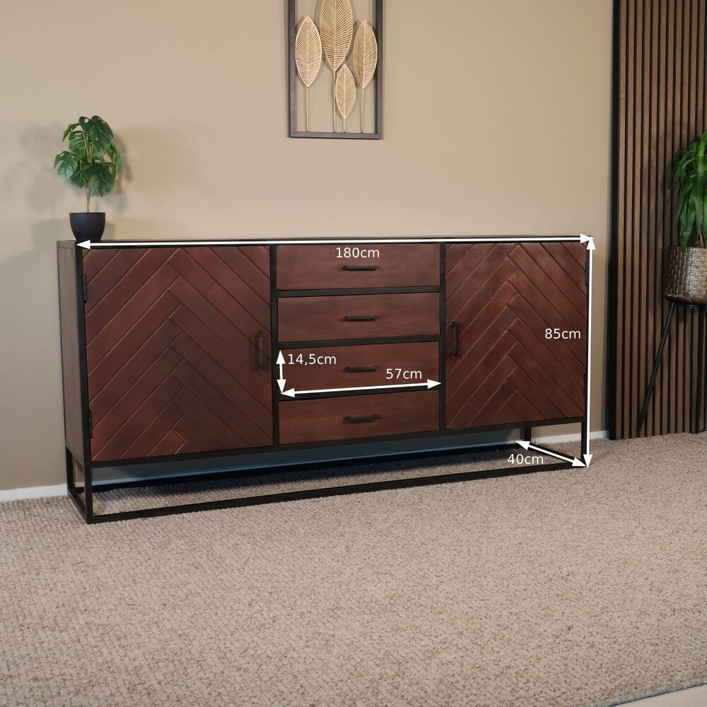 Dressoir mangohout visgraat Cody walnoot industrieel 180x85cm Dressoir mangohout visgraat Cody walnoot industrieel 180x85cm