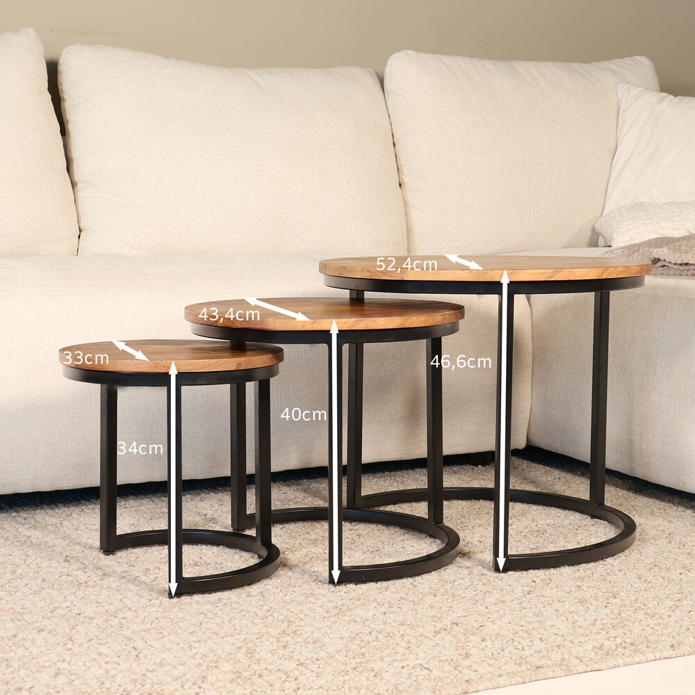 Salontafel 3delig mangohout Jaell industrieel duurzaam massief hout massief hout mango Salontafel 3delig mangohout Jaell industrieel duurzaam massief hout massief hout mango