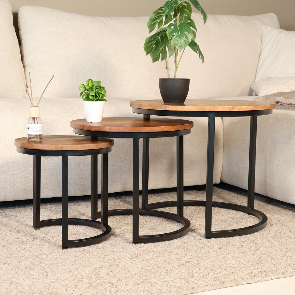 Salontafel 3delig mangohout Jaell industrieel duurzaam massief hout massief hout mango Salontafel 3delig mangohout Jaell industrieel duurzaam massief hout massief hout mango