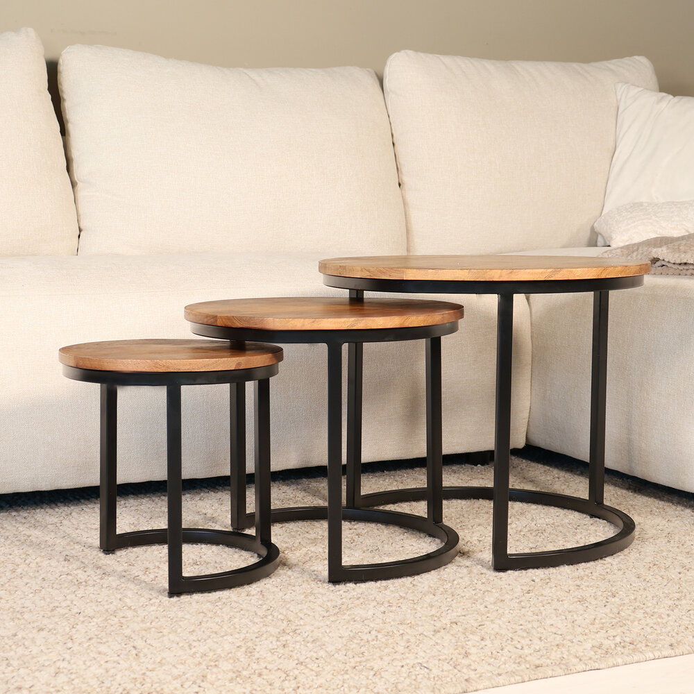 Salontafel 3delig mangohout Jaell industrieel duurzaam massief hout massief hout mango Salontafel 3delig mangohout Jaell industrieel duurzaam massief hout massief hout mango