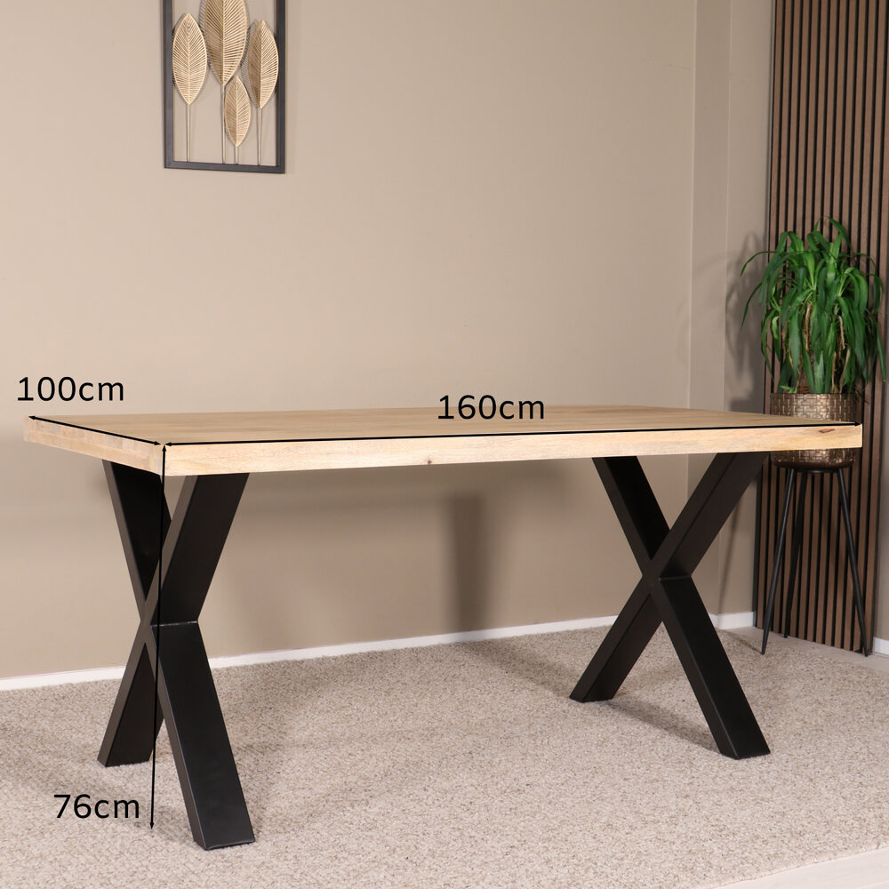 Eettafel rechthoekig mangohout Xavier lichtbruin 160cm duurzaam tafel met X-poot mango langwerpige eetkamertafel hout Eettafel rechthoekig mangohout Xavier lichtbruin 160cm duurzaam tafel met X-poot mango langwerpige eetkamertafel hout