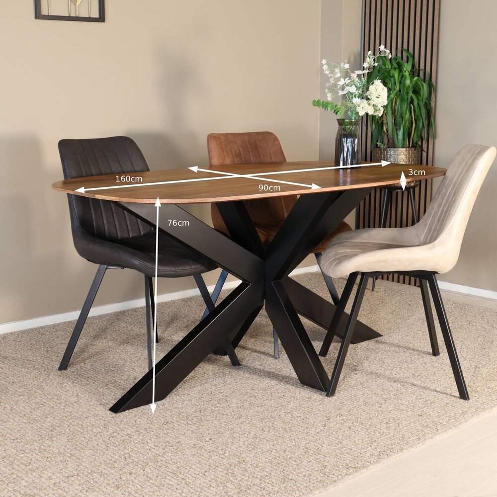 Eettafel deens ovaal mangohout 160cm Austin lichtbruin ovale tafel duurzaam mango eetkamertafel