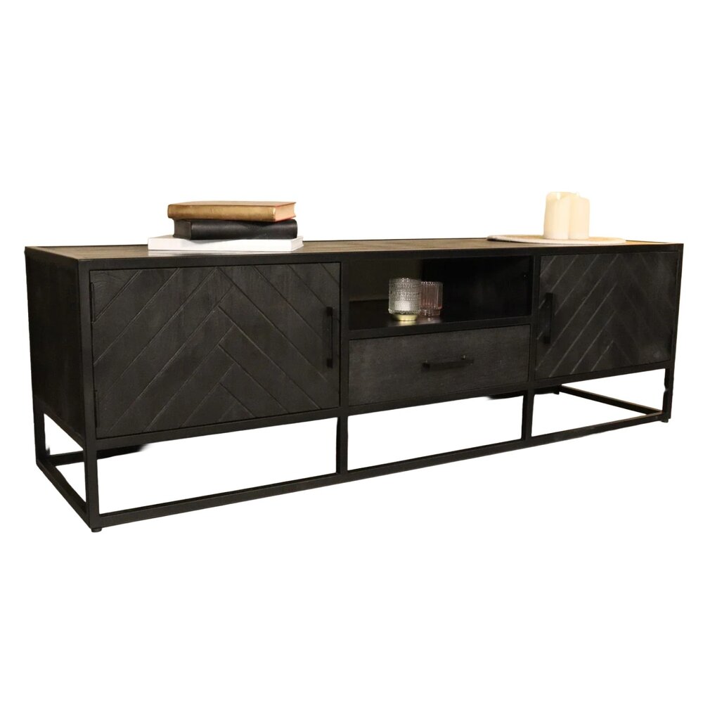 TV meubel industrieel Danae zwart visgraat duurzaam mangohout 165cm lengte mango