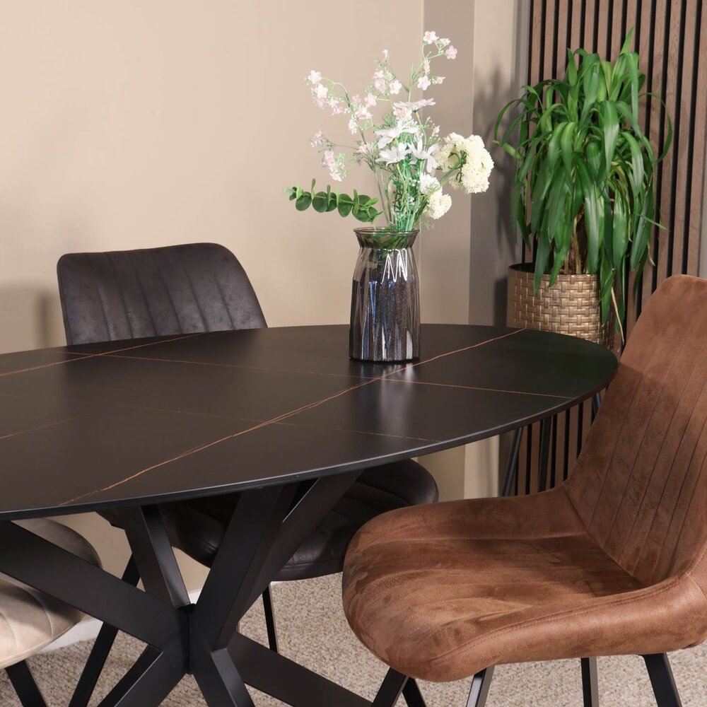 Eettafel ovaal 160cm Figo marmerlook zwart ovale tafel steen