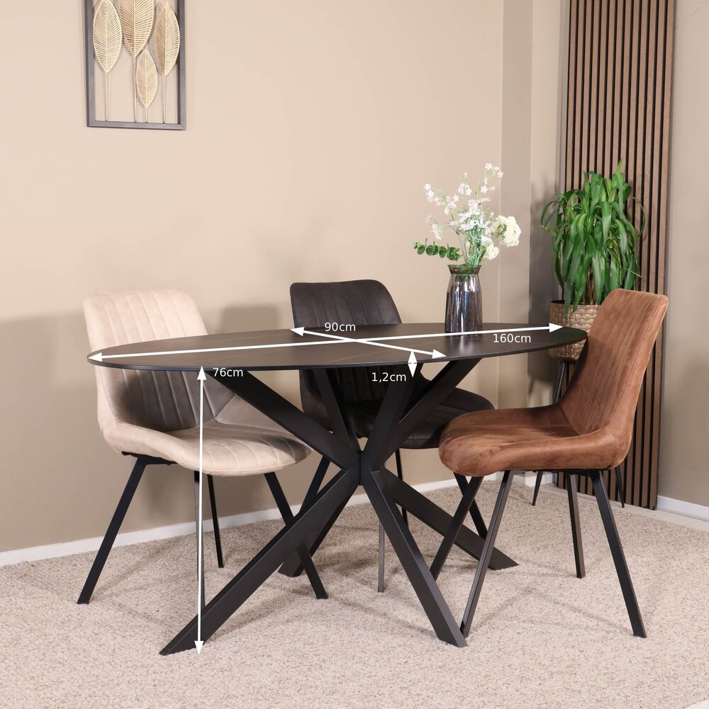 Eettafel ovaal 160cm Figo marmerlook zwart ovale tafel steen