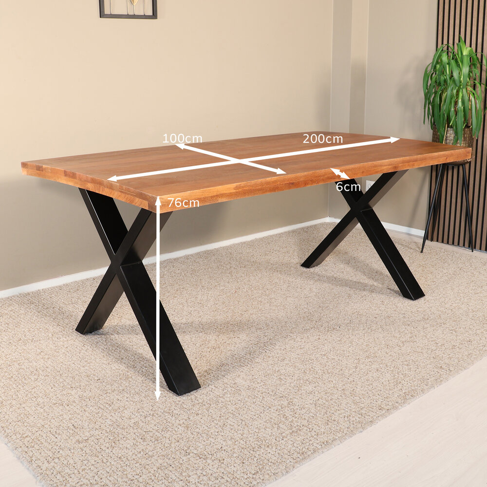 Eettafel rechthoek Xavier 200cm duurzaam mangohout tafel met X-poot mango eetkamertafel rechthoekig