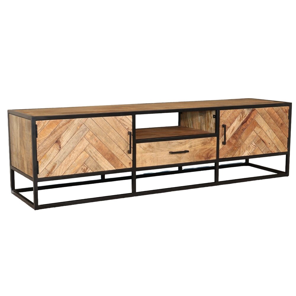 TV meubel industrieel mangohout Danae lichtbruin visgraat 180cm tv kast duurzaam mango massief hout tv-meubel