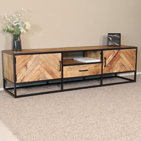 Lizzely Garden & Living TV meubel industrieel mangohout Danae lichtbruin visgraat 180cm tv kast duurzaam mango massief hout tv-meubel