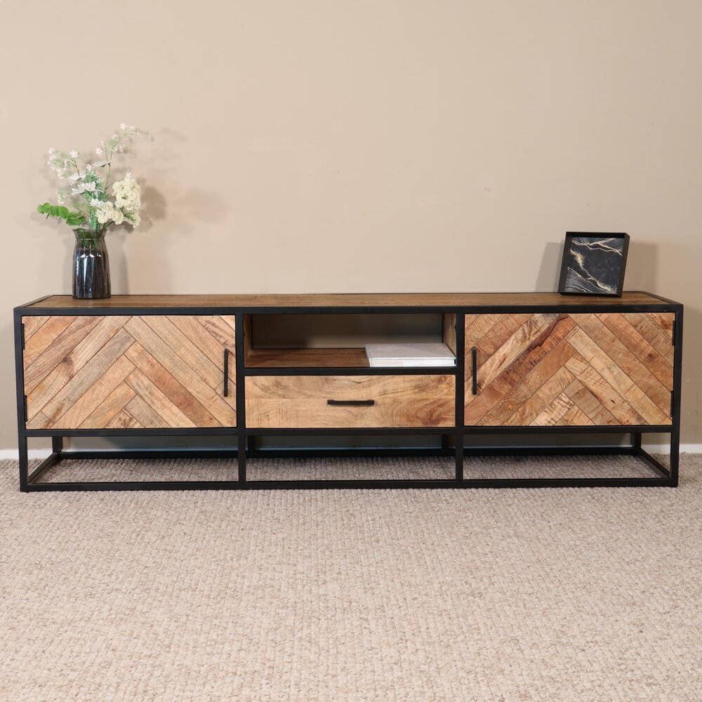 TV meubel industrieel mangohout Danae lichtbruin visgraat 180cm tv kast duurzaam mango massief hout tv-meubel
