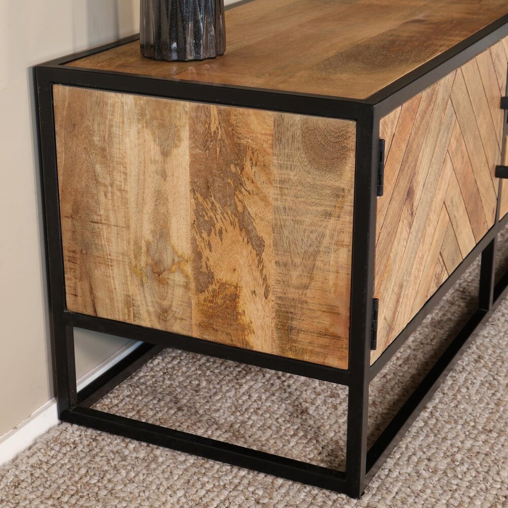 TV meubel industrieel mangohout Danae lichtbruin visgraat 180cm tv kast duurzaam mango massief hout tv-meubel