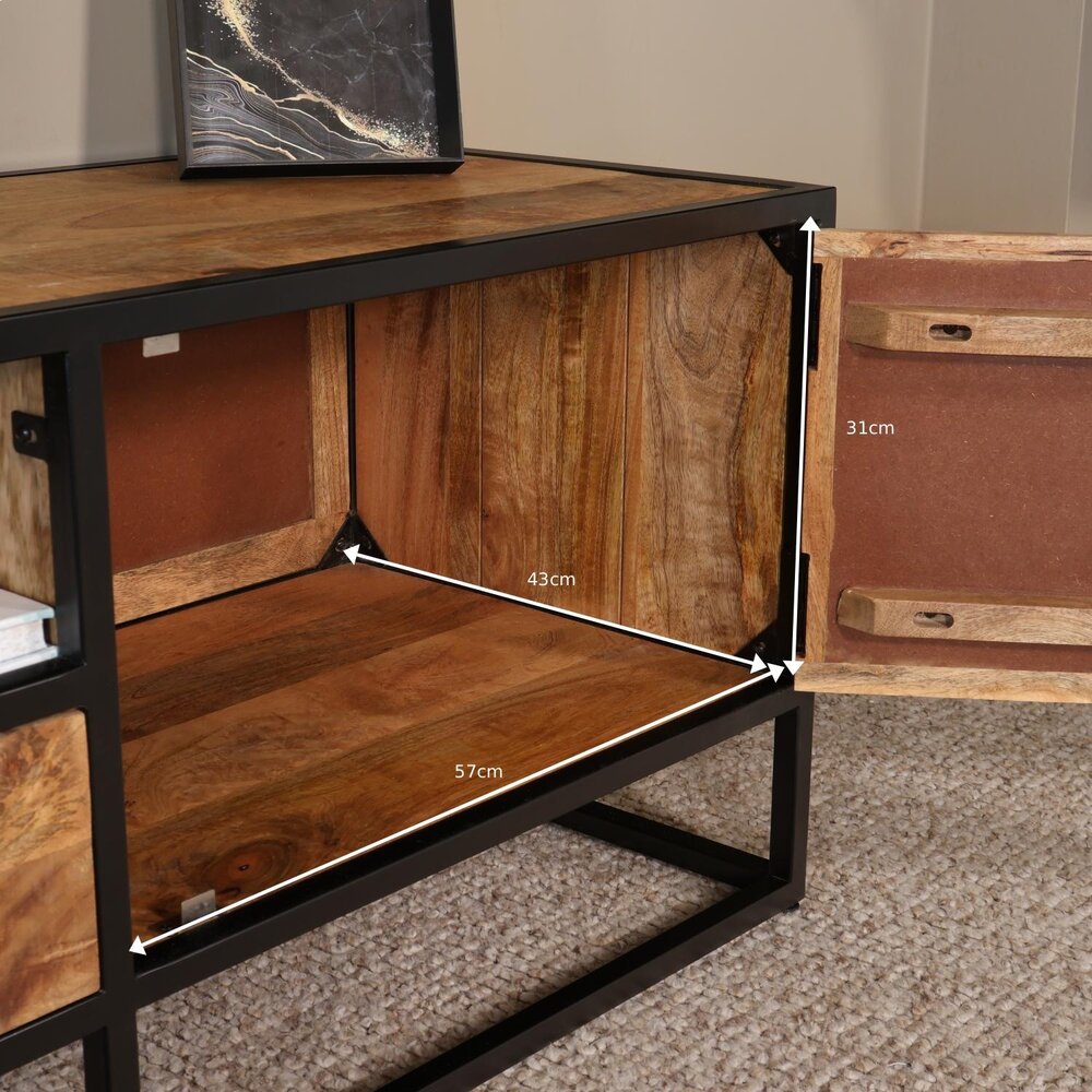 TV meubel industrieel mangohout Danae lichtbruin visgraat 180cm tv kast duurzaam mango massief hout tv-meubel