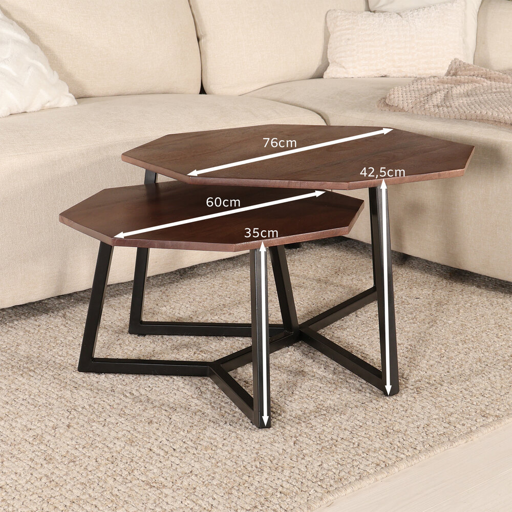 Salontafel 2delig mangohout hexagon Loes industrieel massief hout mango Salontafel 2delig mangohout hexagon Loes industrieel massief hout mango