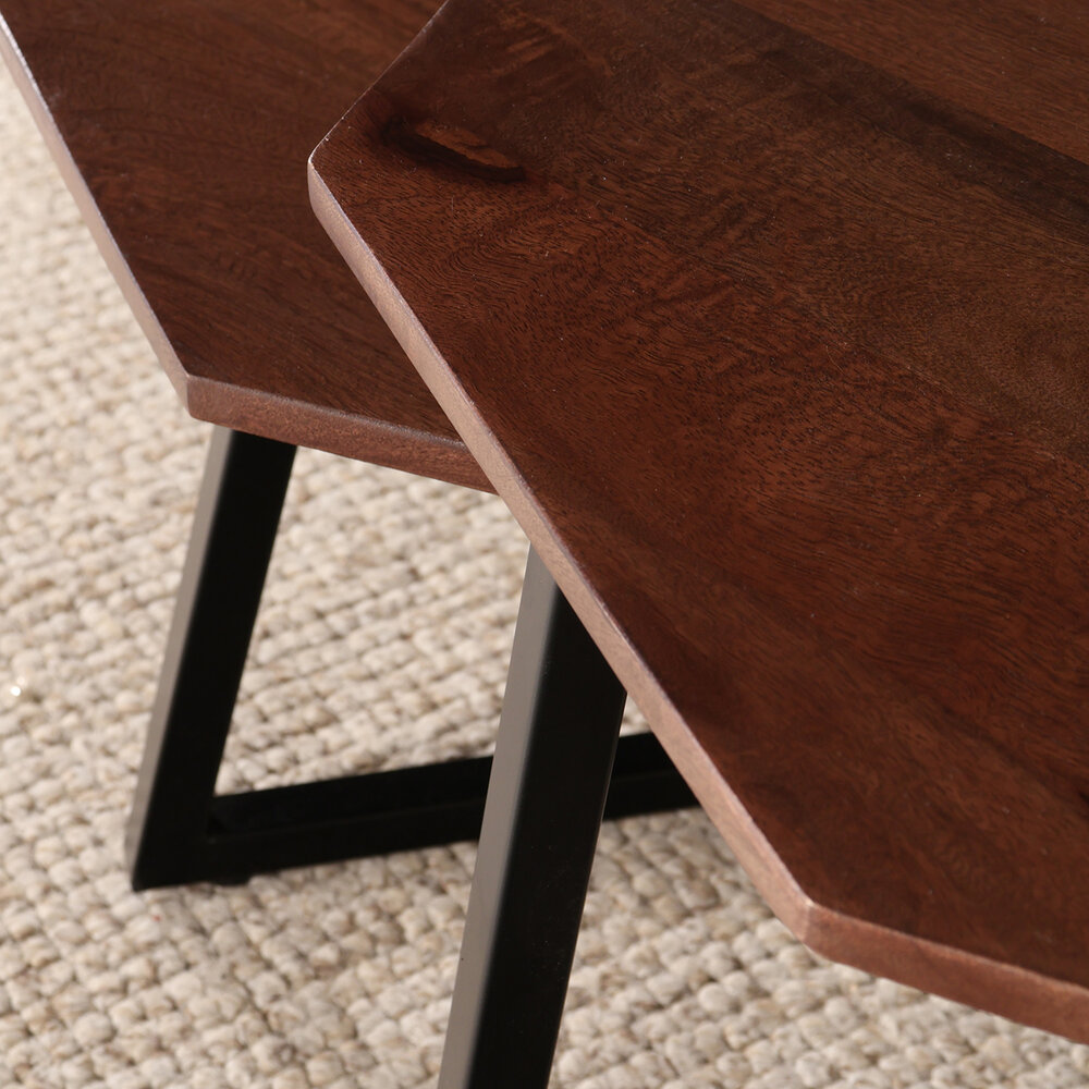 Salontafel 2delig mangohout hexagon Loes industrieel massief hout mango Salontafel 2delig mangohout hexagon Loes industrieel massief hout mango