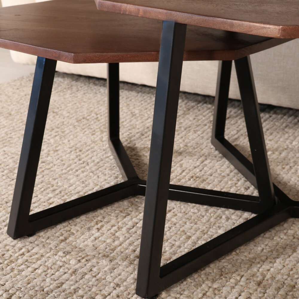 Salontafel 2delig mangohout hexagon Loes industrieel massief hout mango Salontafel 2delig mangohout hexagon Loes industrieel massief hout mango