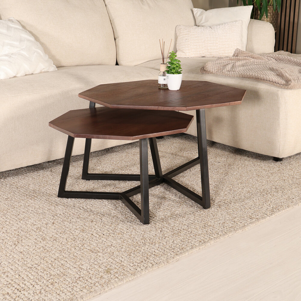 Salontafel 2delig mangohout hexagon Loes industrieel massief hout mango Salontafel 2delig mangohout hexagon Loes industrieel massief hout mango