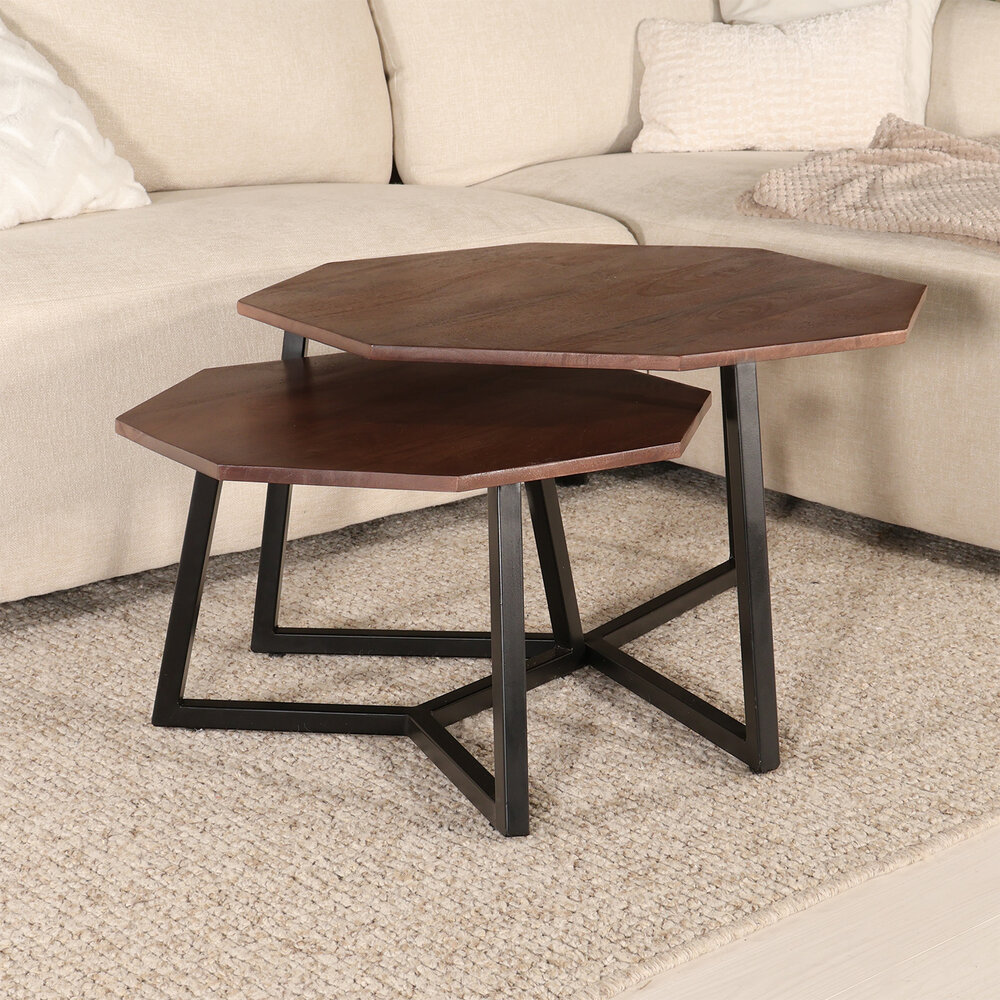 Salontafel 2delig mangohout hexagon Loes industrieel massief hout mango Salontafel 2delig mangohout hexagon Loes industrieel massief hout mango