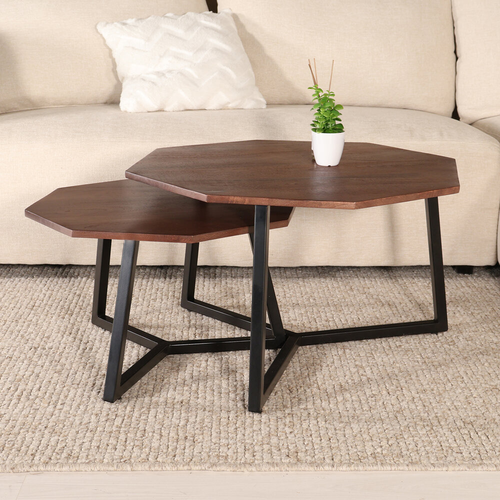 Salontafel 2delig mangohout hexagon Loes industrieel massief hout mango Salontafel 2delig mangohout hexagon Loes industrieel massief hout mango