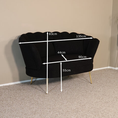 Lizzely Garden & Living Zitbank Belle 2 zits teddy zwart bankstel 140cm stof incl. 2 kussens bank