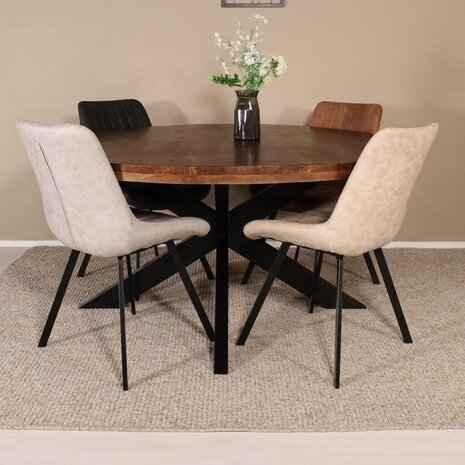 Lizzely Garden & Living Eettafel rond mangohout 150cm Jones bruin ronde industriële tafel duurzaam mango eetkamertafel