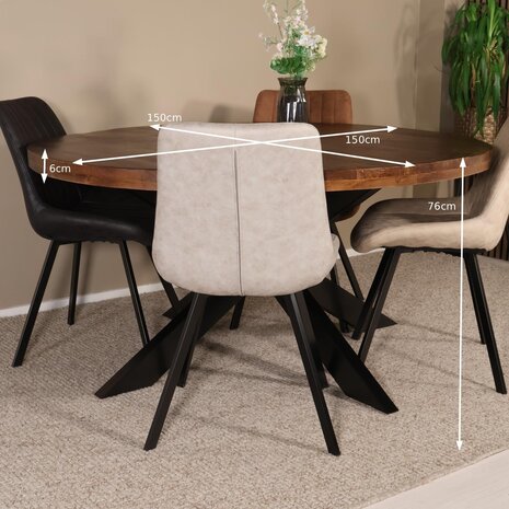 Lizzely Garden & Living Eettafel rond mangohout 150cm Jones bruin ronde industriële tafel duurzaam mango eetkamertafel